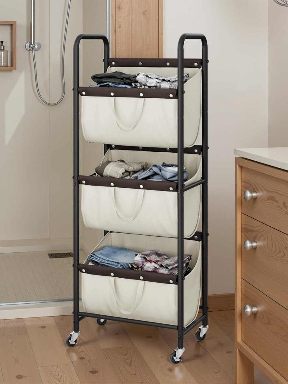 3 Tier Laundry Sorter, Laundry Basket with Wheels, Laundry Room Organization and - Picture 7 of 8